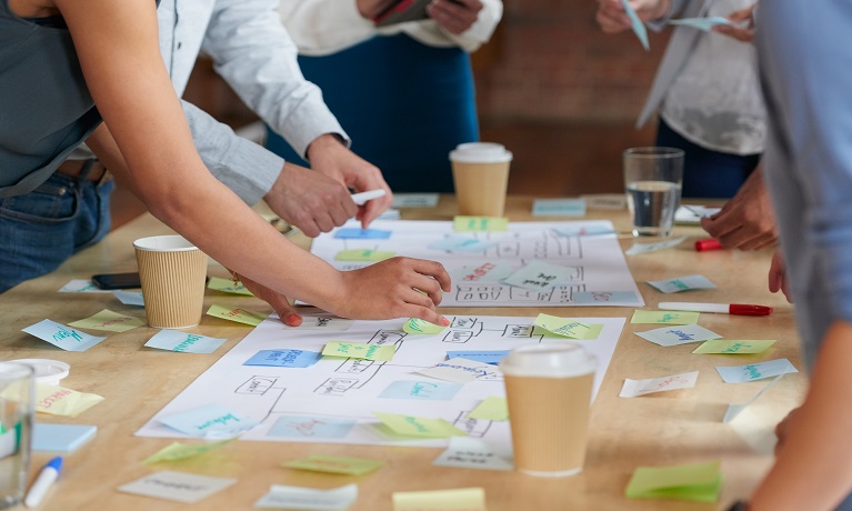 Brainstorming session with post it notes on desk