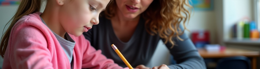 Teacher sitting with young girl who is studying a maths paper
