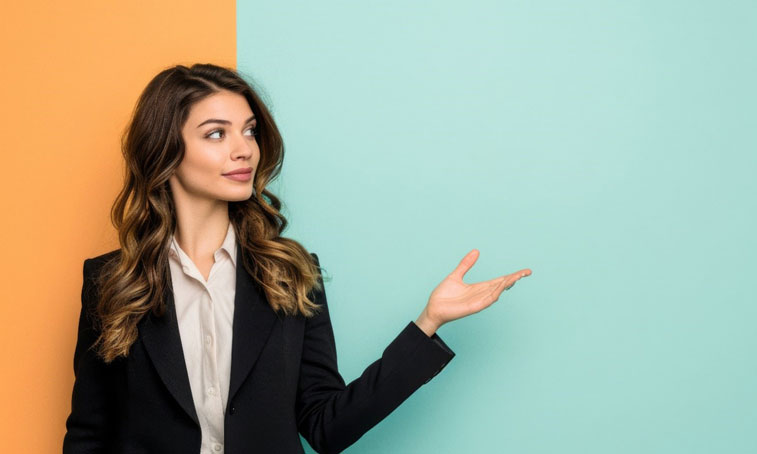 A young woman in business wear against a colour block background of orange and blue.