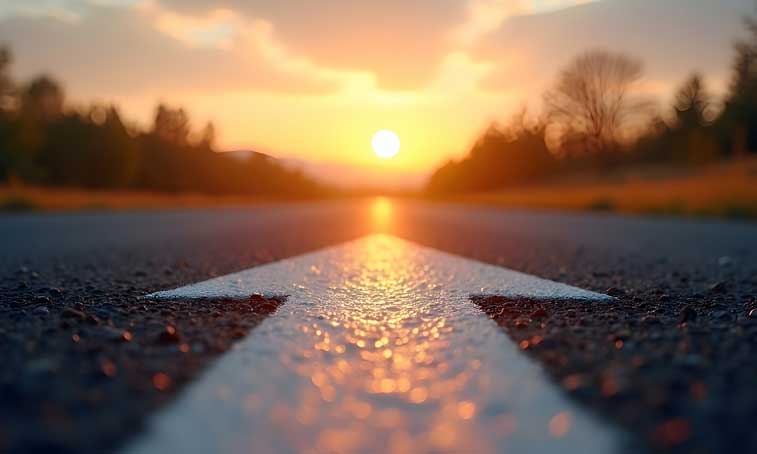 road at sunset with an arrow pointing forward