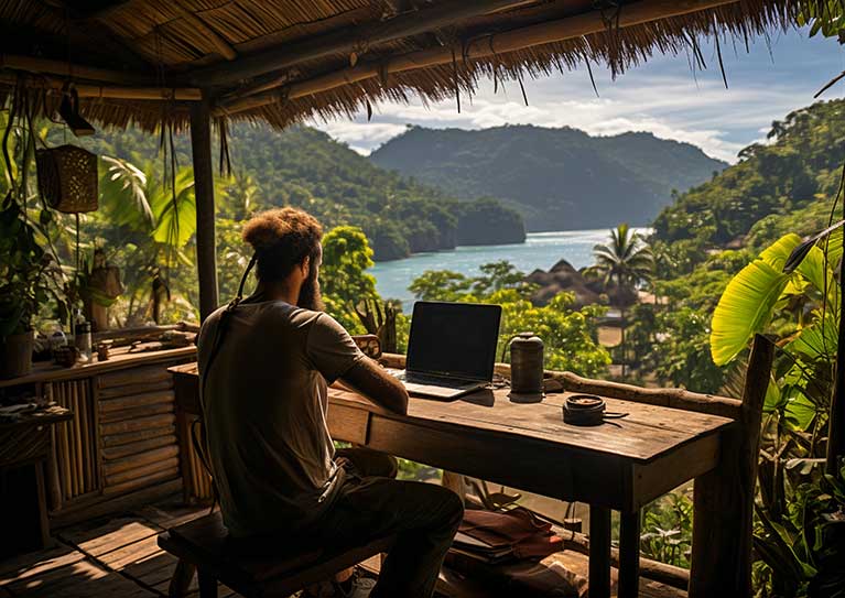 creative freelancer working from a remote location on his laptop
