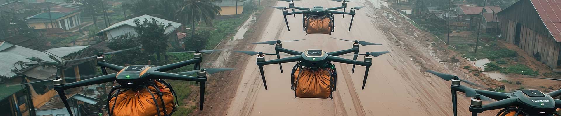 several airborne drones delivering aid to a flooded village