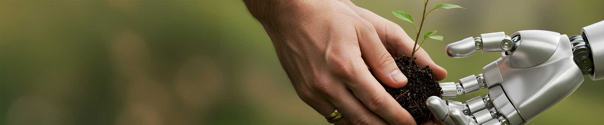 human and robot hand holding a plant representing sustainable artificial intelligence