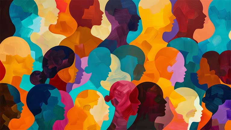 A colourful painted collage of diverse female faces