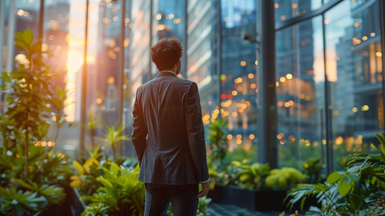 A man in a suit looking at tall buildings feeling inspiring