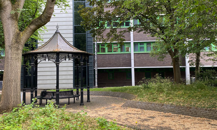 Outside of the Armstrong Siddeley building on a clear day