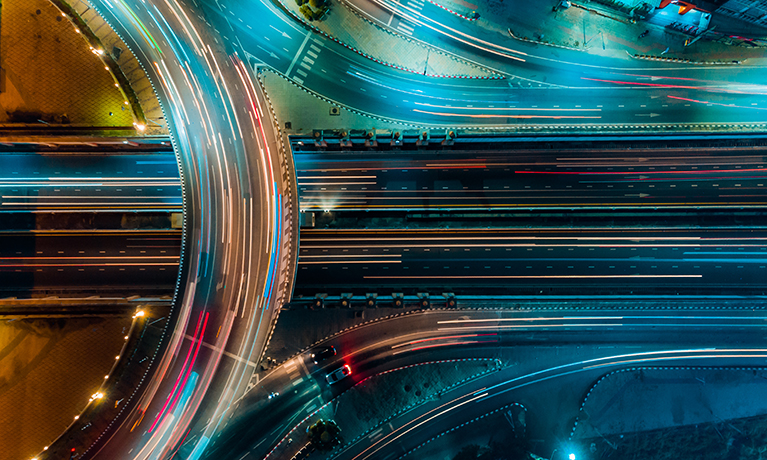 Birds eye view of a road at night