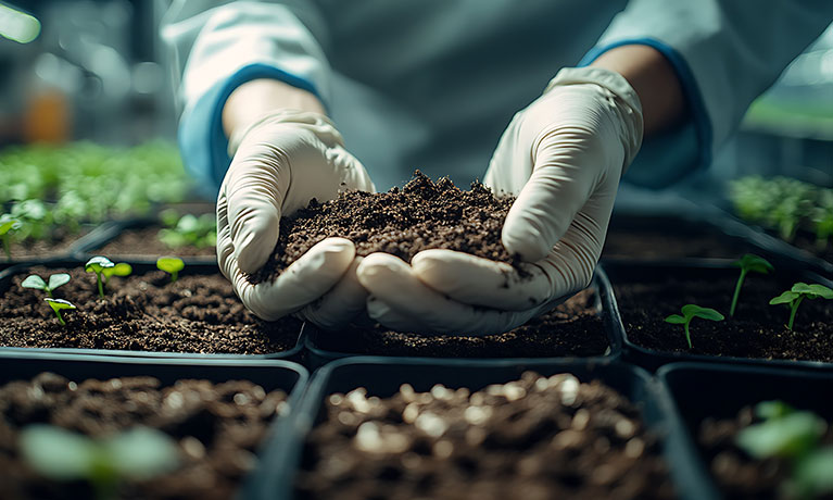 Hand holding soil in a garden