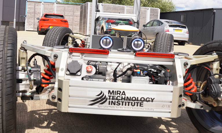 Test vehicle with Mira brand logo