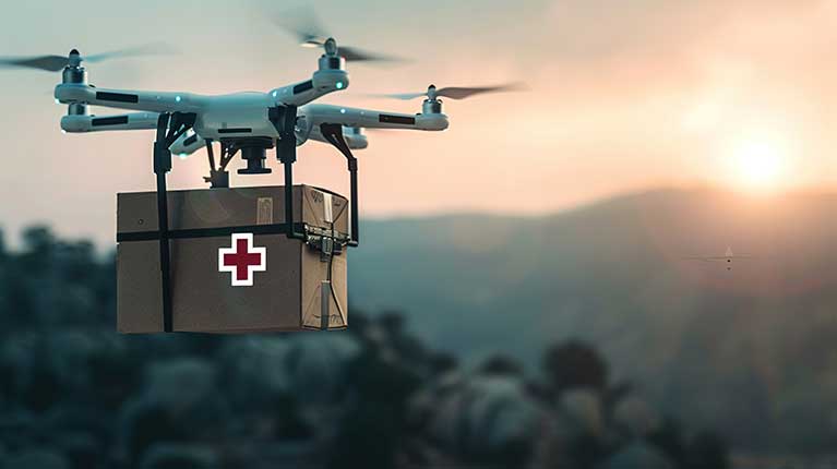 airborne drone delivering a health pack