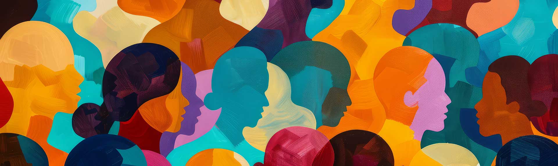 A colourful painted collage of diverse female faces