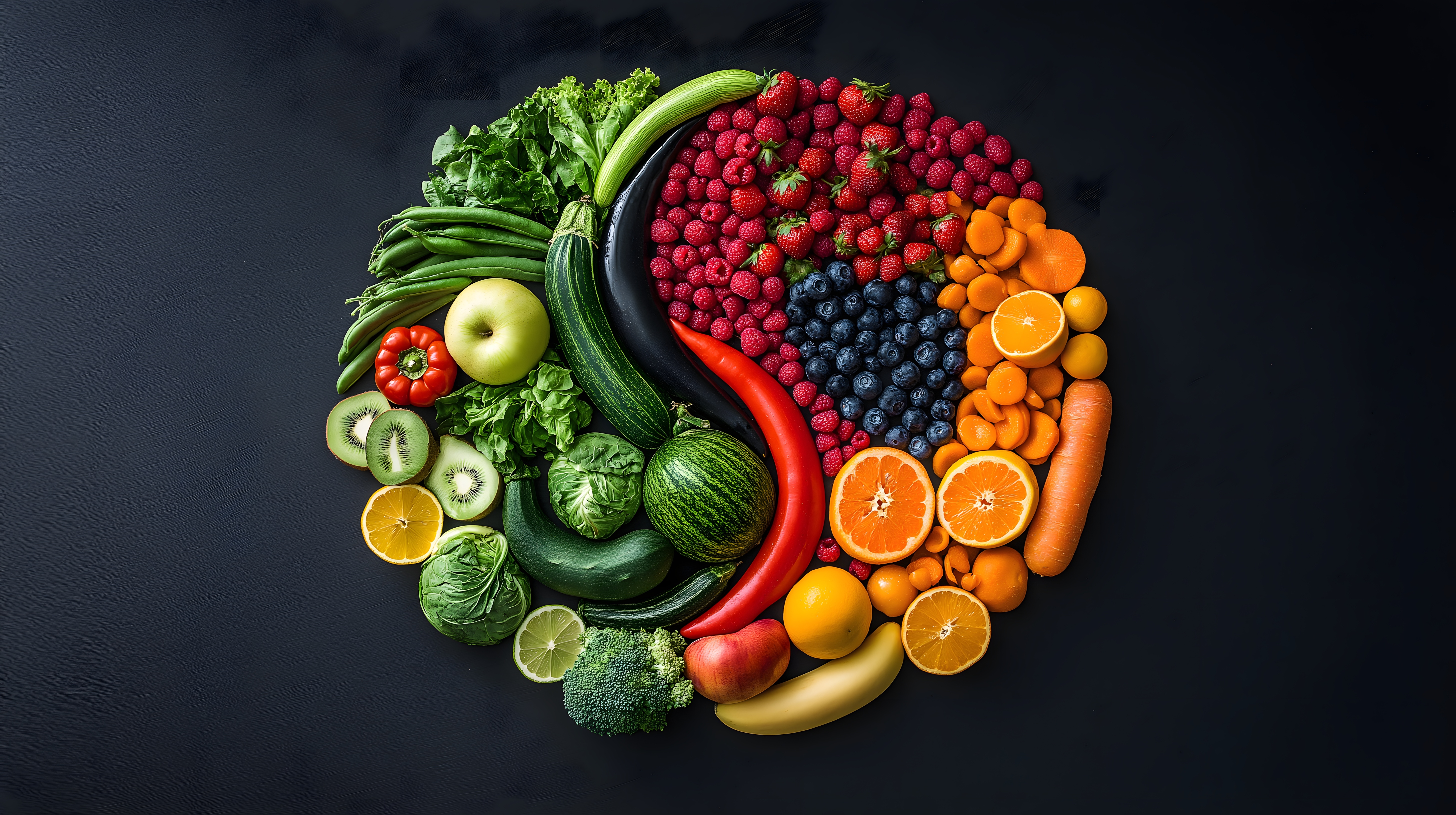 Fruit artistically displayed in a circle against a black backdrop