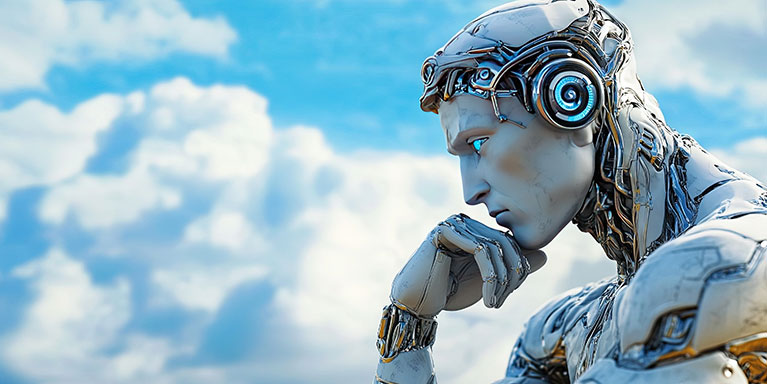 AI robot posing as the thinker statue