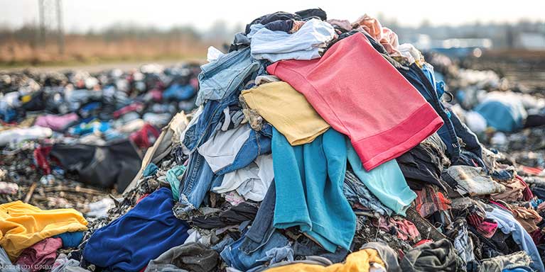 a picture of a textile dumping ground with a big pile of colourful textile waste in the centre