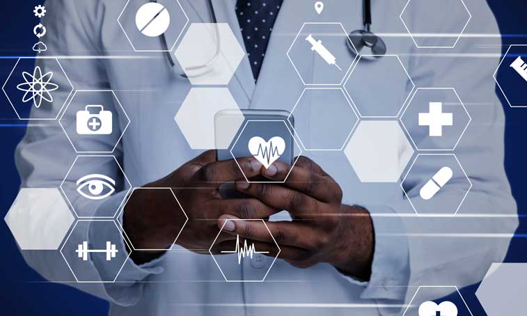 Picture representing Modern Medical Technologies. Digital Med Icons Layered Over a Doctor Using Smartphone