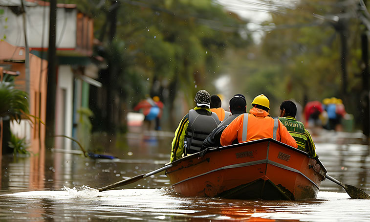 Rescue workers in boats and rafts help victims of flooding after heavy rains and floods.