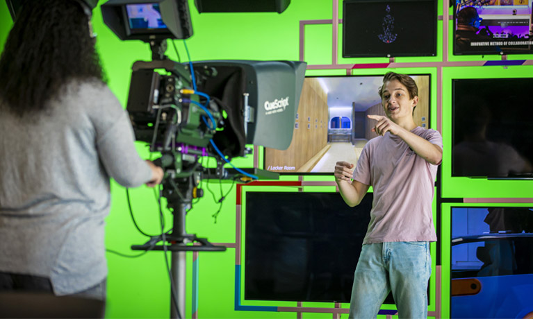 Students using the filming facilities in The Tank.