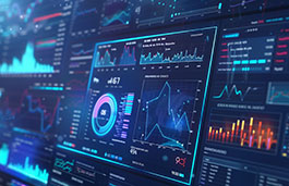 Business data analytics graphs and charts on a screen