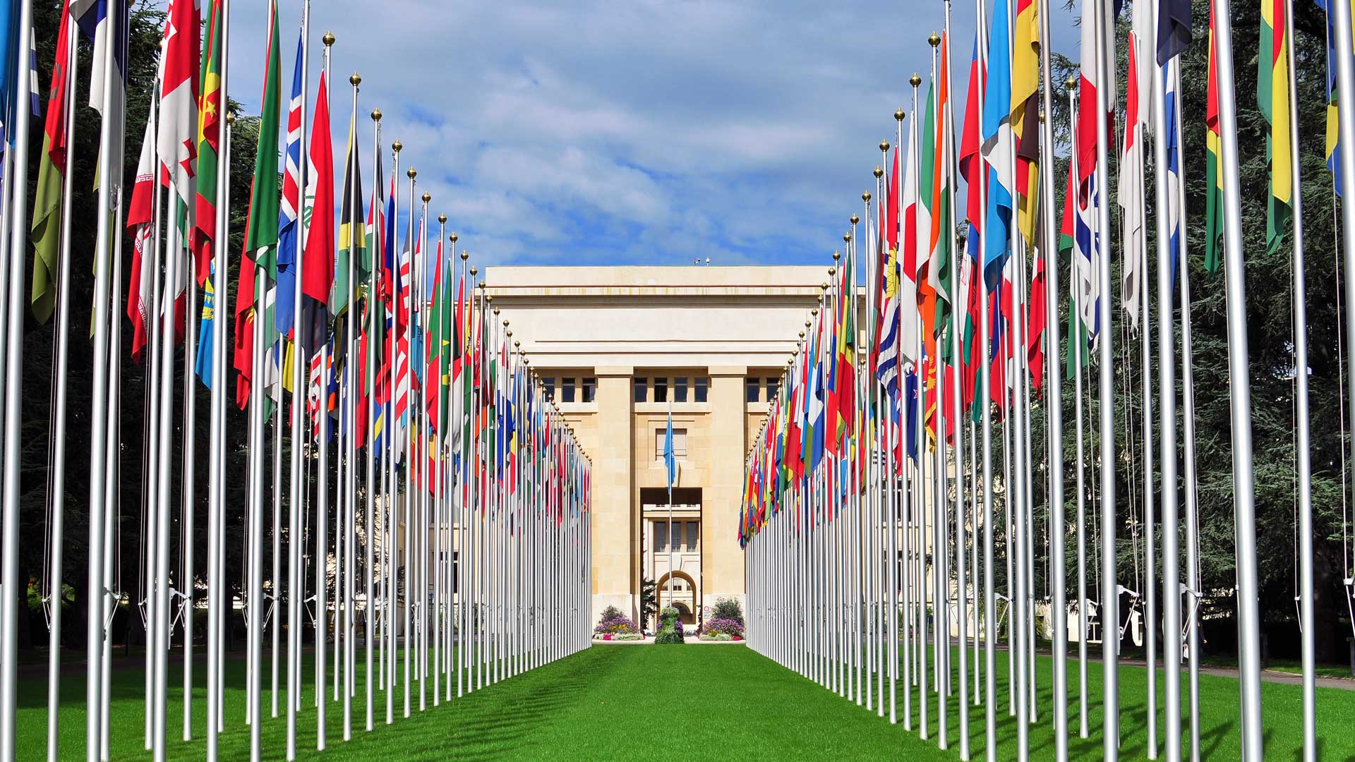 Flags waving outside the United Nations building