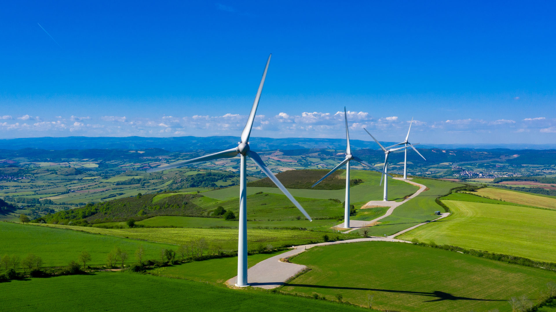A row of wind turbines in a field with a blue sky