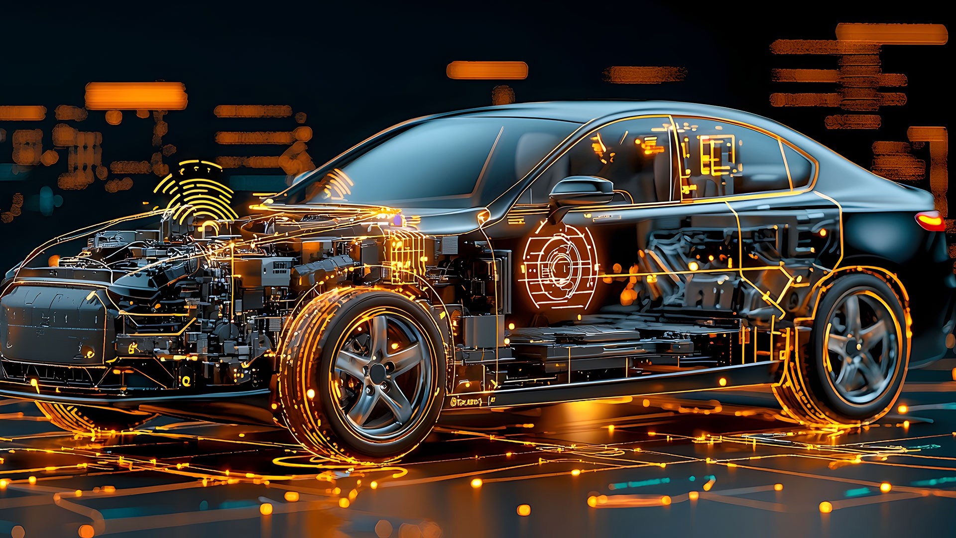 Cross section diagram showcasing the interior components and advanced features of a self driving electric vehicle