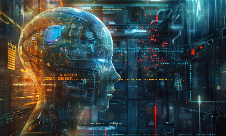 AI image of a robot in a data storage facility with code written over the image.