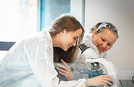 Two female pharmacologists one working with a microscope