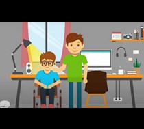 animation image of male in a wheelchair and male in bright green t-shirt standing beside the male in the wheelchair   