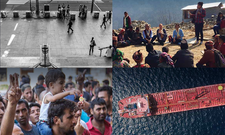 people sitting on a beach, a ship and a crowd of people