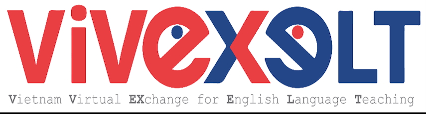 Red and blue vivexelt logo with tagline Vietnam Virtual Exchange for English Language Teaching