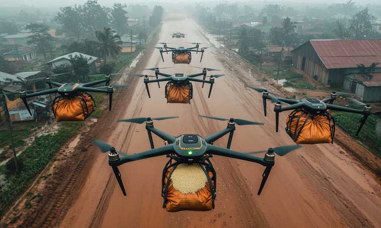 several airborne drones delivering aid to a flooded village