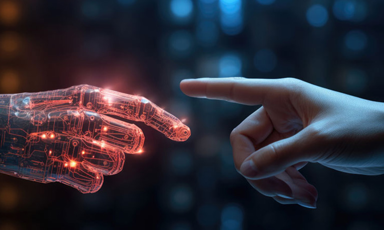 One human and one robotic hand reaching out to each other