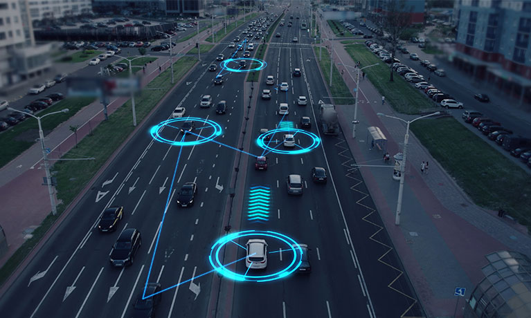 Blue circles surrounding cars on the road