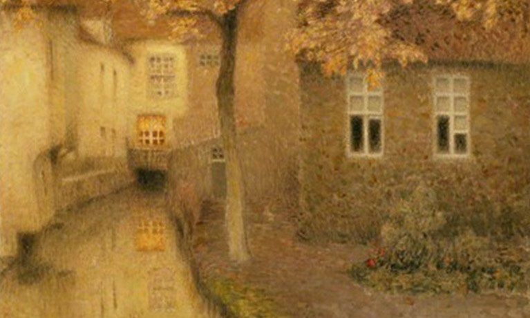 a painting of a house by a canal