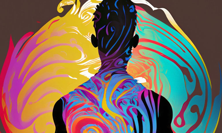 illustrations of a person surrounded by bright colours