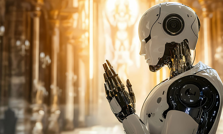 A robot holding its hands together