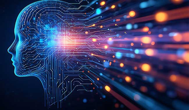 A digital face turns into bright sparks of colour