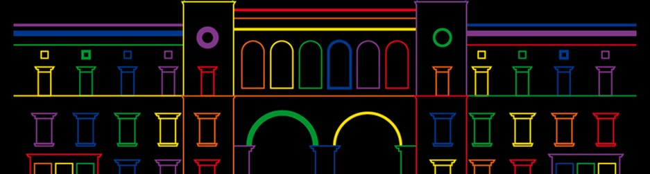 Illustration of a museum in Berlin in rainbow colours on black background