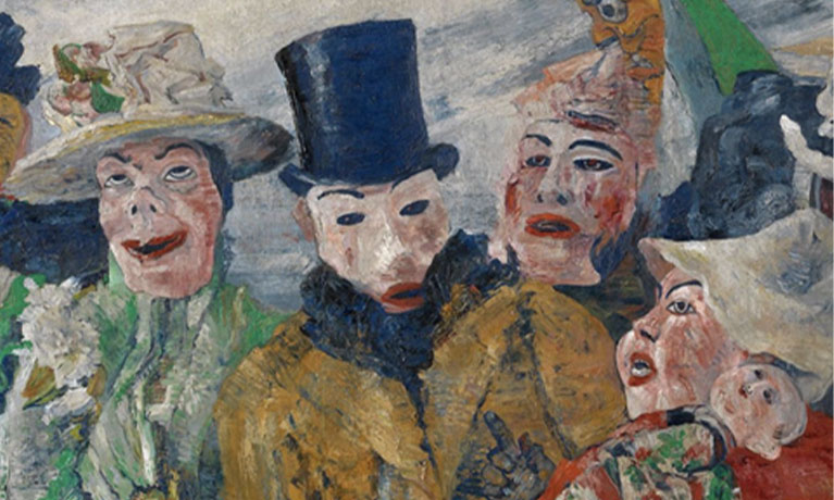 Painting of four people wearing masks