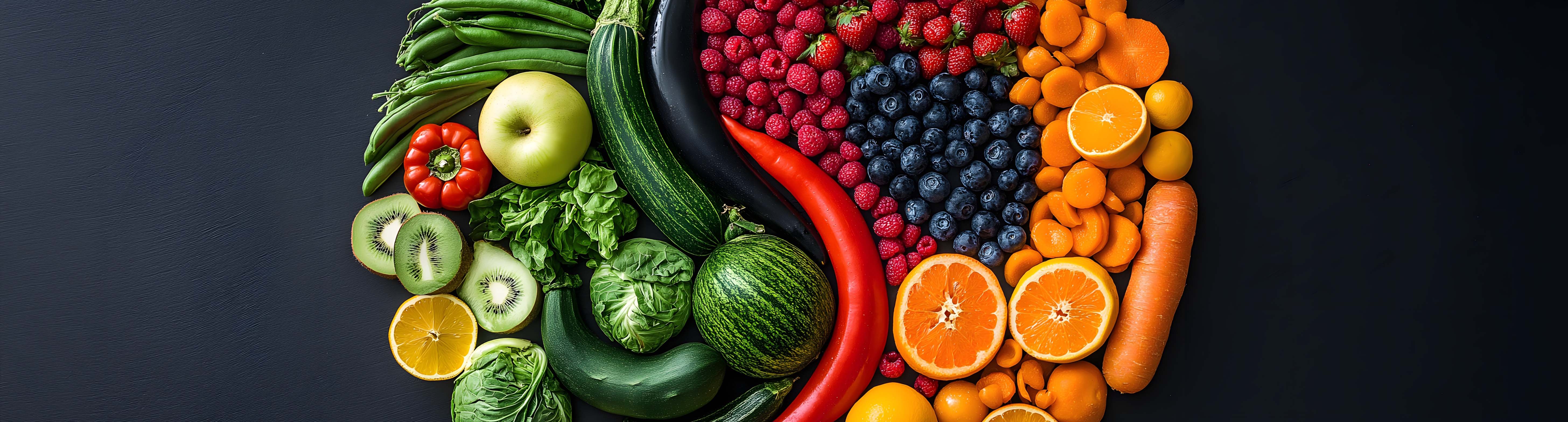 Fruit artistically displayed in a circle against a black backdrop