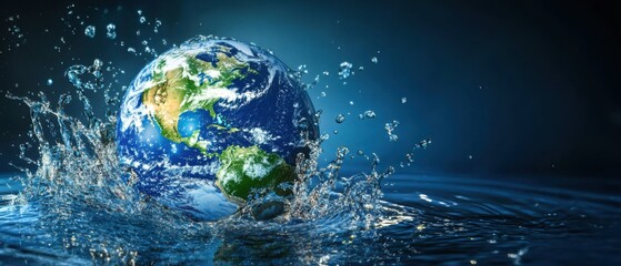 Against a dark background the earth splashes into water with droplets surrounding