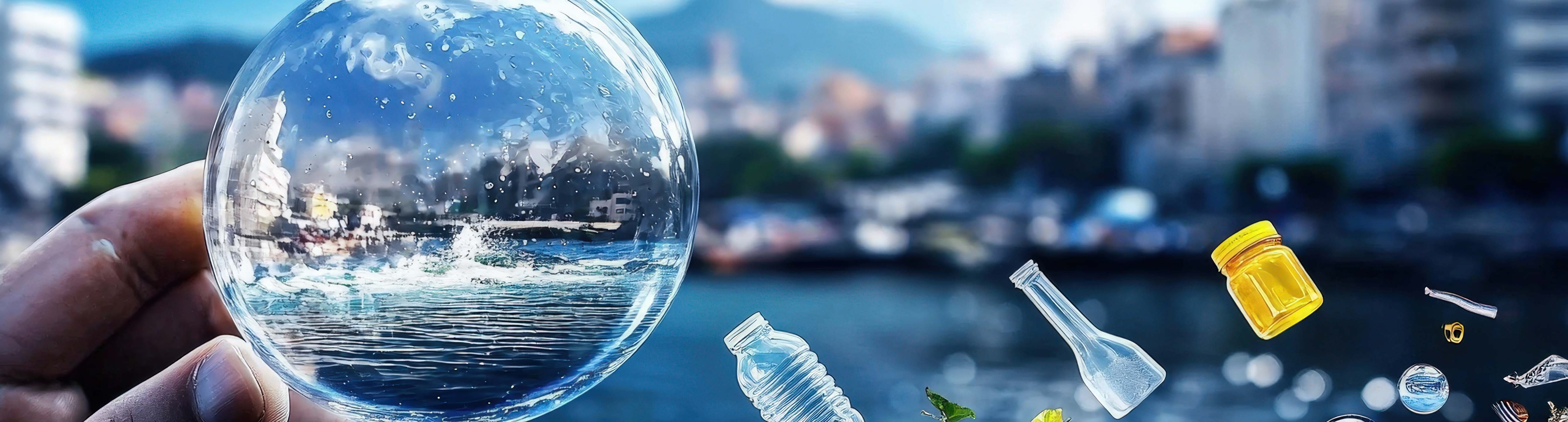 Hand Holding Glass Bubble Reflecting Nature and Plastic Pollution