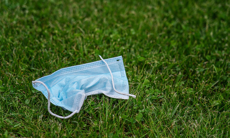 Face mask discarded on grass