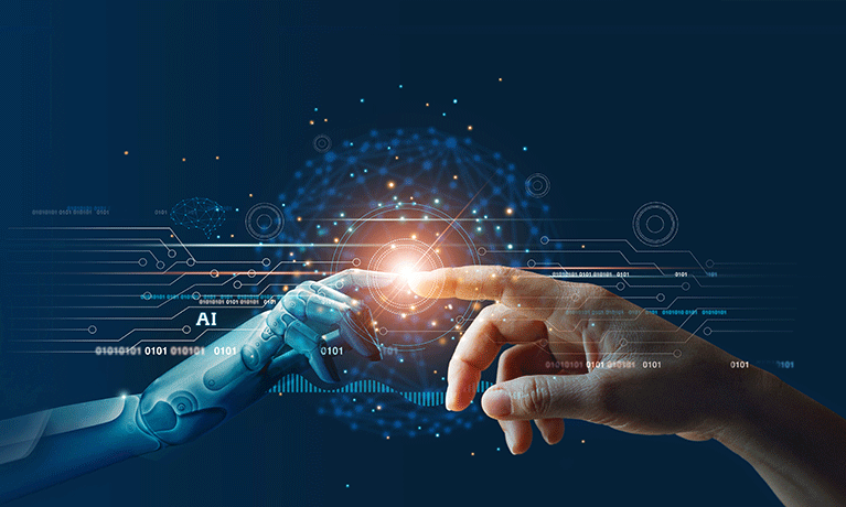 Hands of robot and human touching on big data network connection background