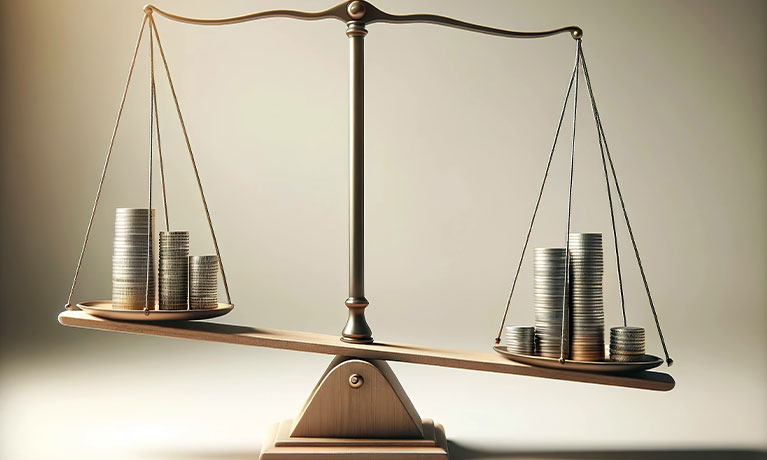A classic balance scale with two balanced trays holding stacks of coins
