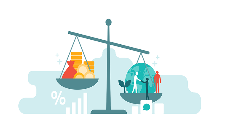 Scale with wealth and cash money on a plate and people, world, environment on the other