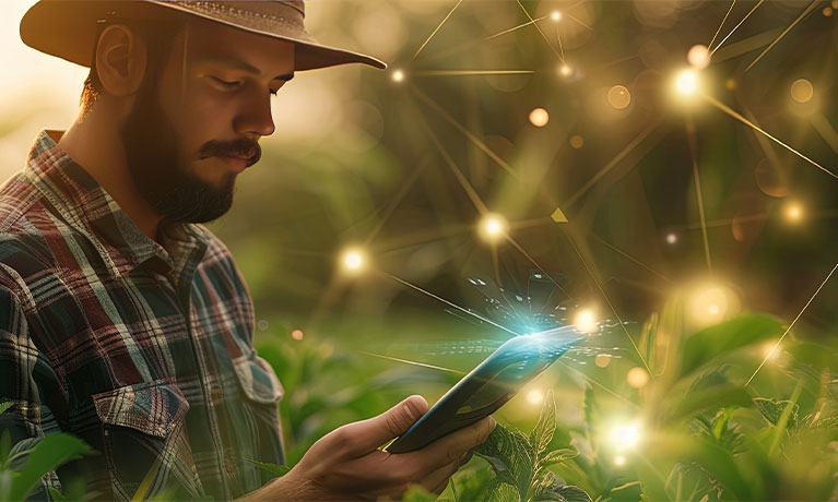 Agribusiness concept with farmer and digital data on the farm