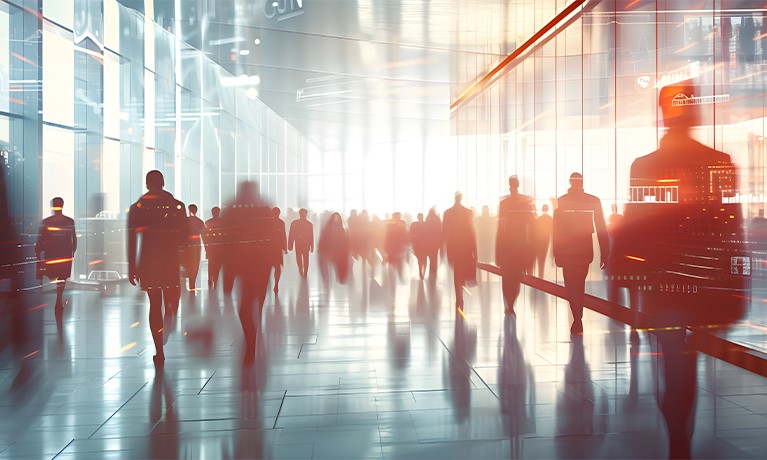 Blurred background showing people in financial operations