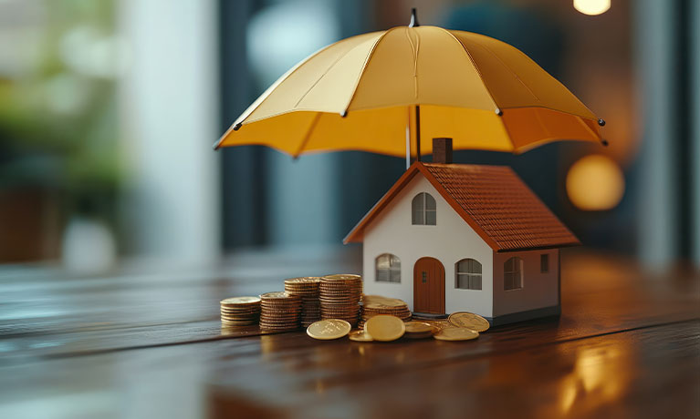 Model of umbrella with house and coins on wooden table concept of the system of insurance savings and the cost of health insurance