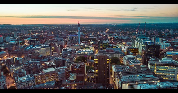 City skyline at sunset